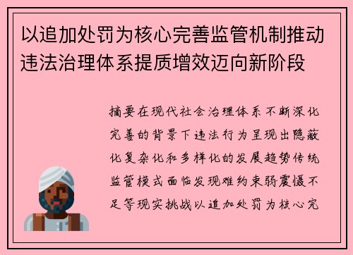 以追加处罚为核心完善监管机制推动违法治理体系提质增效迈向新阶段